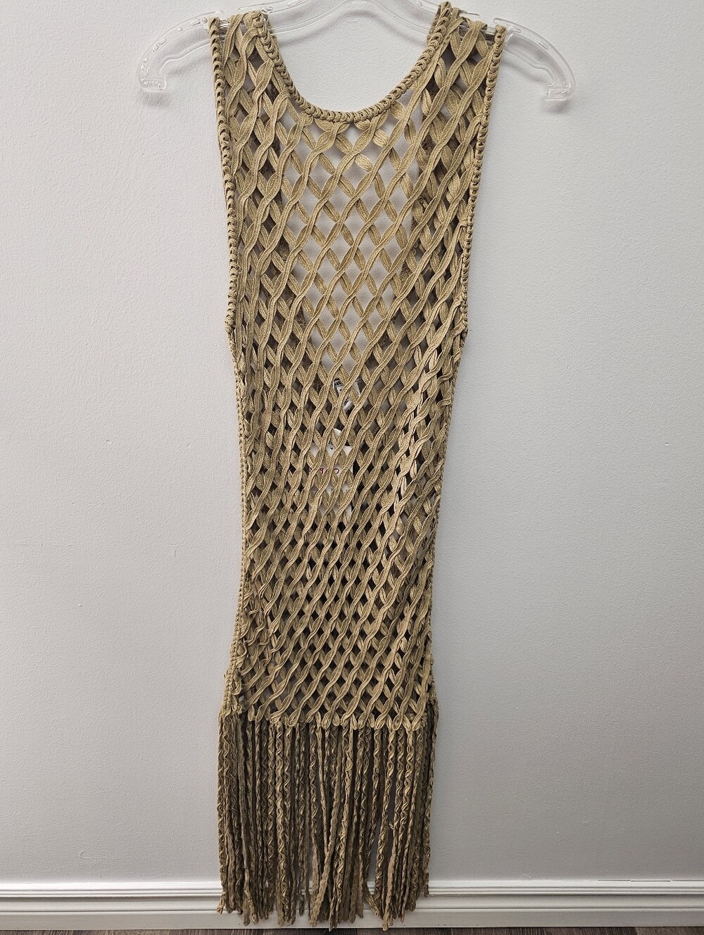 Zara Beige Open-Knit Backless Fringe Dress